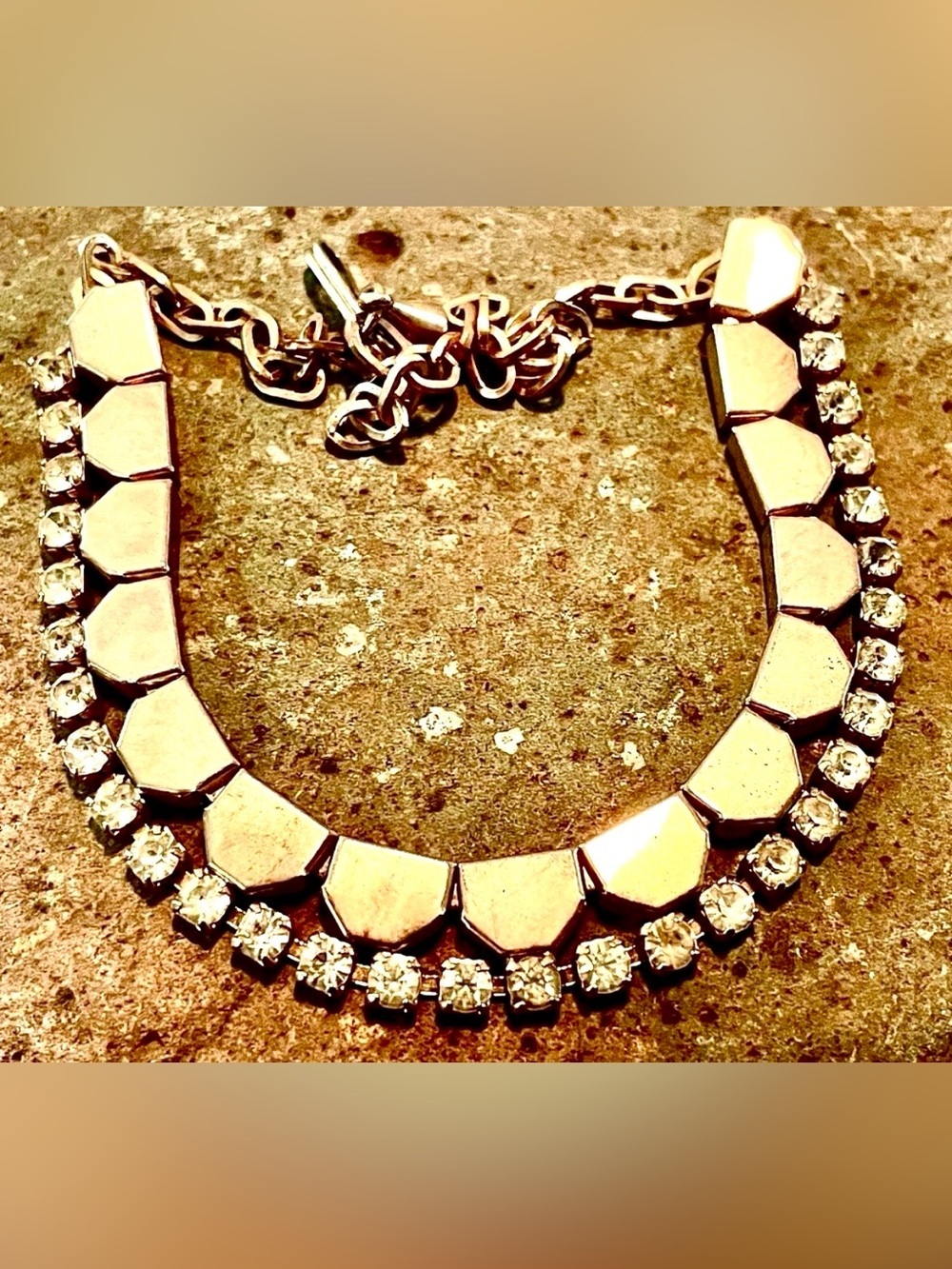 Vintage 1950s Gold Rhinestone Statement Necklace Collar Hex Tile Cocktail Glam